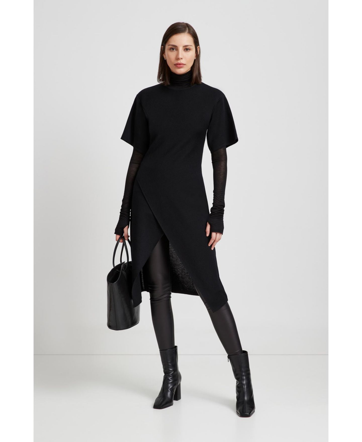 Женский свитер Marcella Koya Merino Wool Faux-Wrap Asymmetric-Hem Sweater Tunic, цвет: Чёрный — фото 2