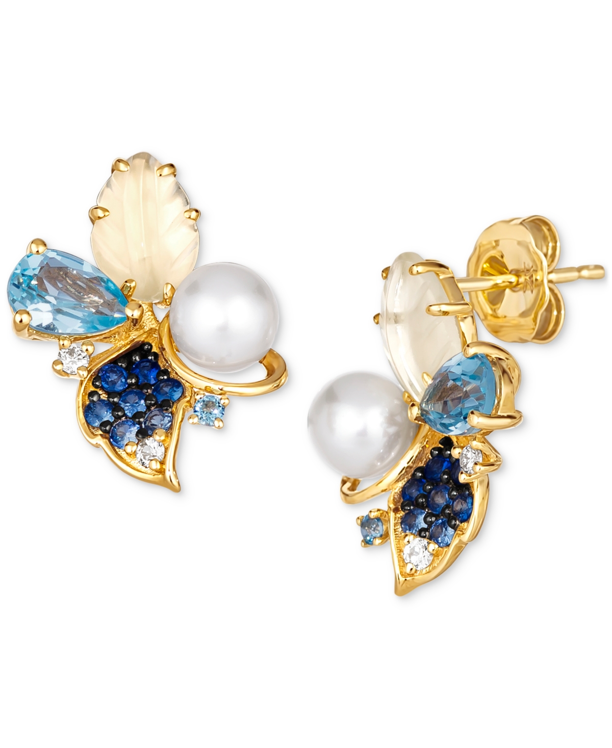 Ombre Multi-Gemstone (2-1/5 ct. t.w.), Vanilla Pearl (5mm), & Vanilla Diamond Accent Cluster Stud Earrings - K Honey Gold Earrings