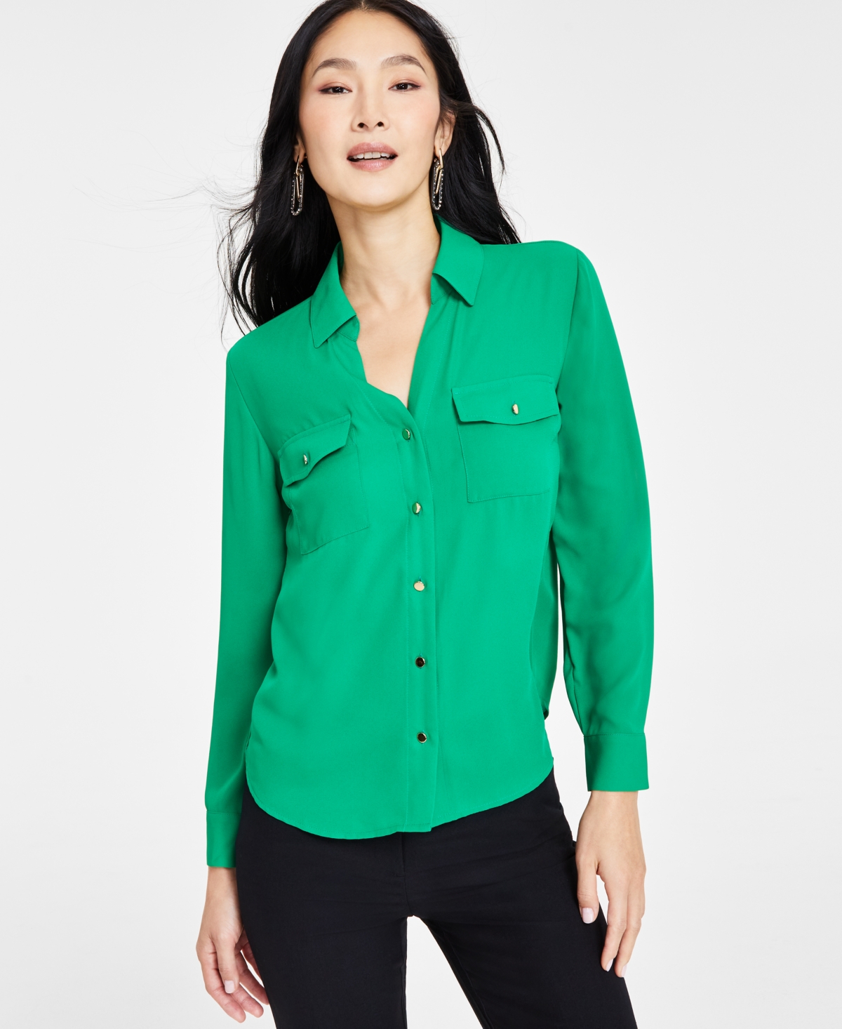 Petite Button-Front Blouse, Created for Macy's - Bright Pine