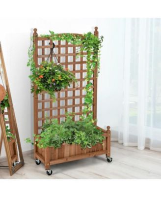 50 Inch Wood Planter Box with Trellis Mobile Raised Bed for Climbing Plant