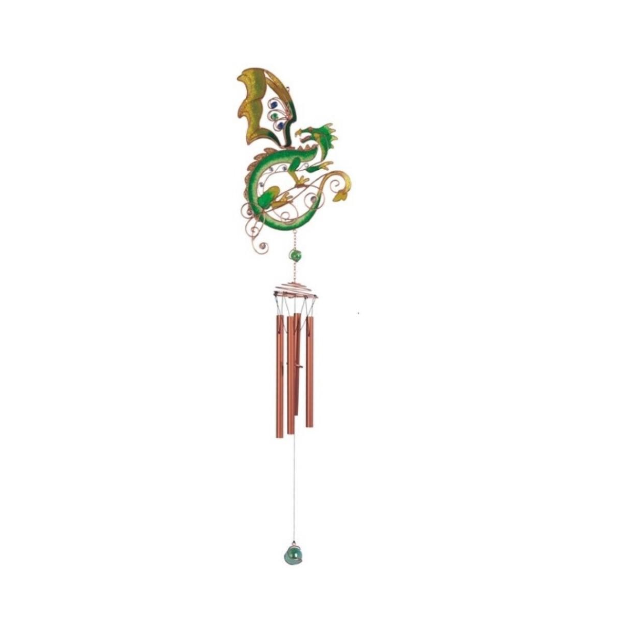 44" Long Green/Yellow Dragon Flip Wings Wind Chime with Copper Gem - Multi