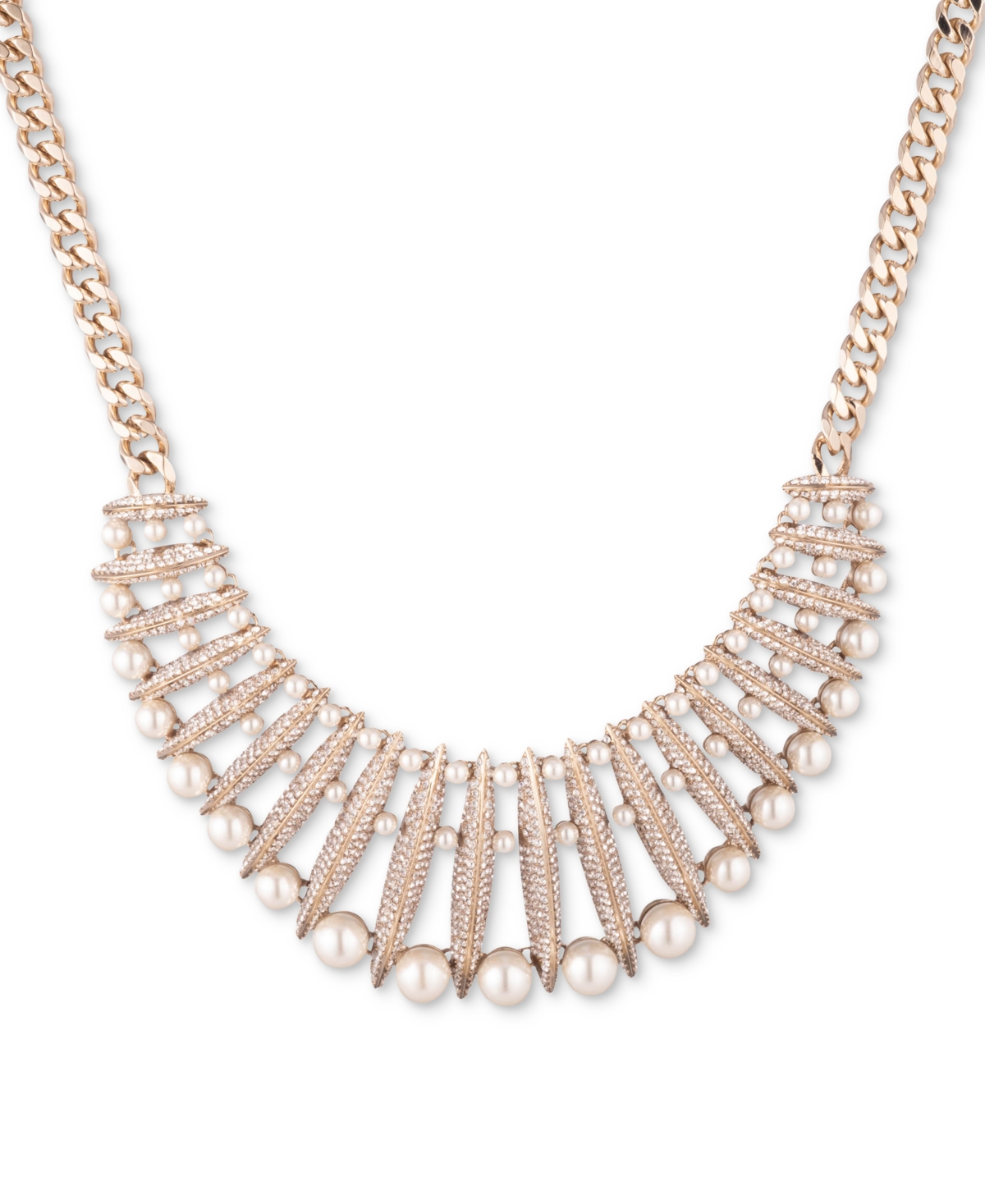 Gold-Tone Champagne Imitation Pearl Crystal Statement Collar Necklace, 16" + 3" extender - White