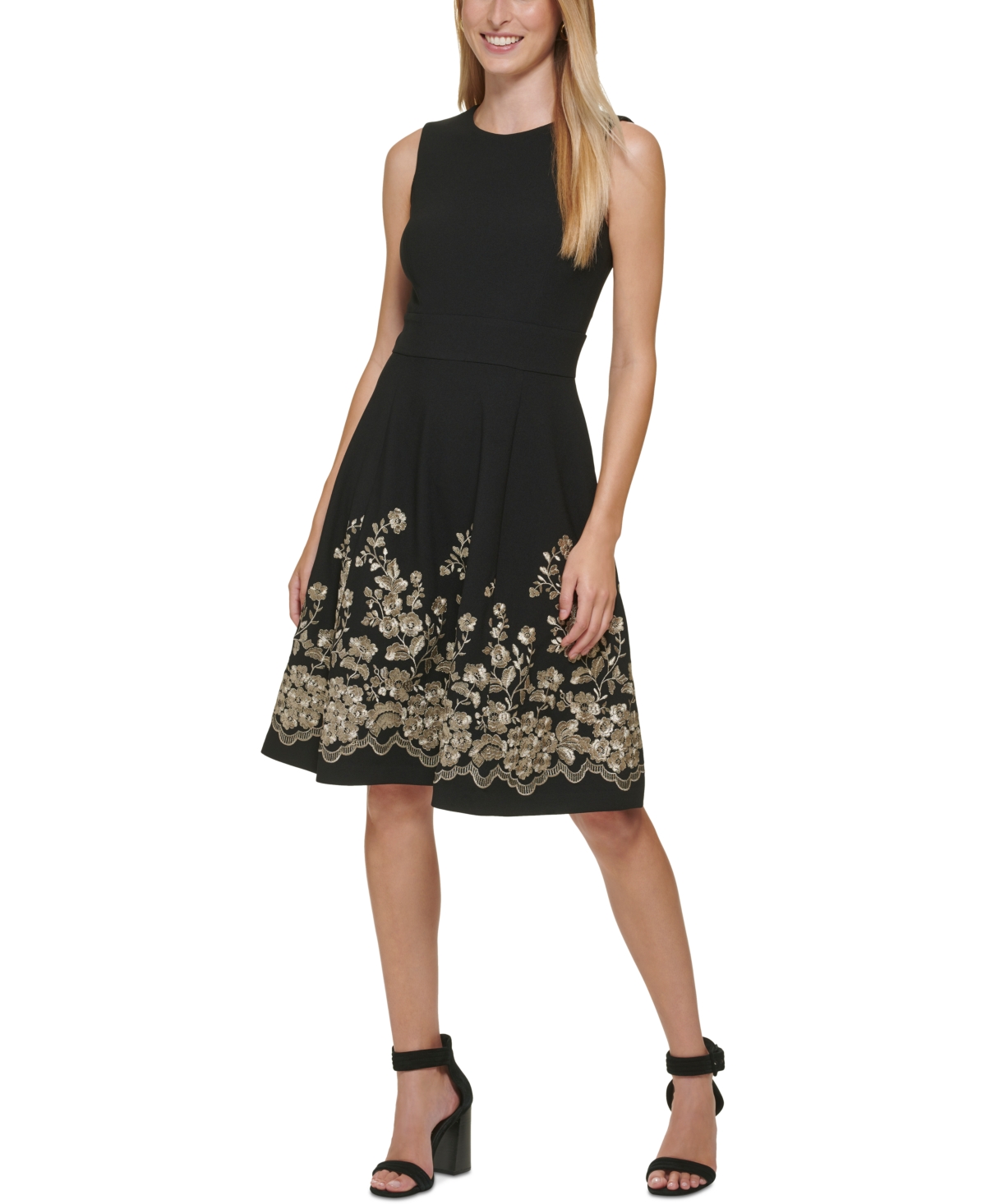 Calvin Klein Petites Womens Embroidered Mini Fit & Flare Dress In Black Gold