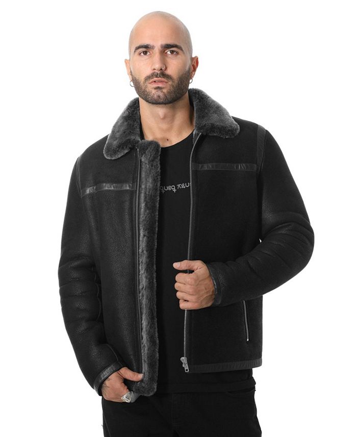 Furniq UK Men's Leather Banded Sheepskin Casual Jacket, Washed Black ...