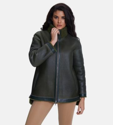 Women's Fashion Jacket, Silky Green With Green Curly Wool