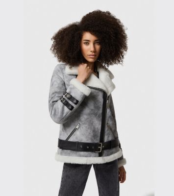 Women's Shearling Belted Biker Jacket, Natural Dying Grey with White Wool