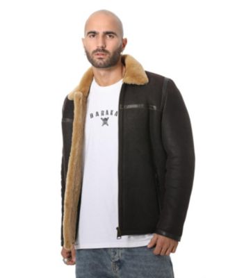 Men's Leather Banded Sheepskin Casual Jacket, Washed Brown with Ginger Wool