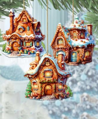 Fairy Tale Houses Christmas Wooden Ornaments Holiday Decor Set of 3 G. DeBrekht