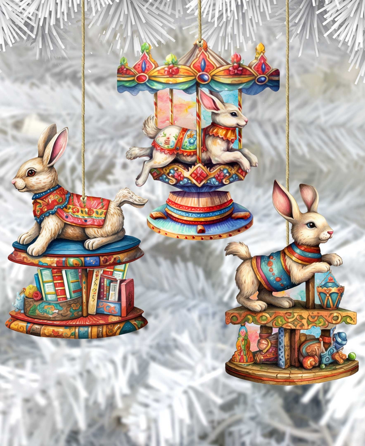 Designocracy Carousel Bunnies Christmas Wooden Ornaments Holiday Decor Set Of 3 G. Debrekht In Multi Color