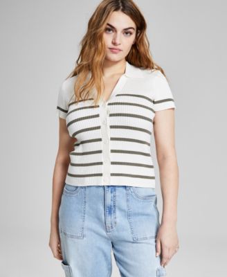 And Now This - Women's Striped Ribbed Polo Short-Sleeve Sweater