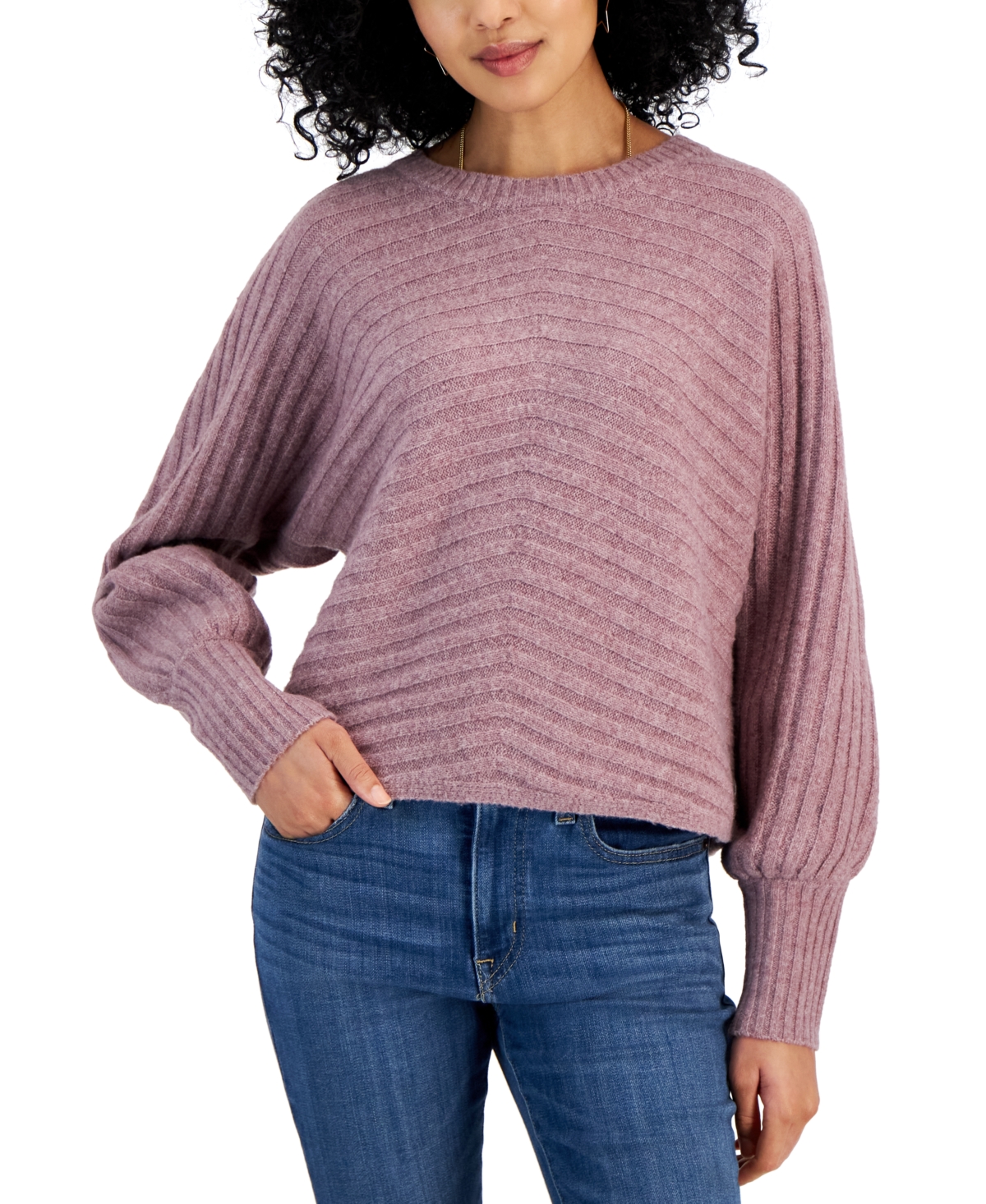 Pink Rose Juniors' Rib-knit Blouson-sleeve Sweater In Plumberry
