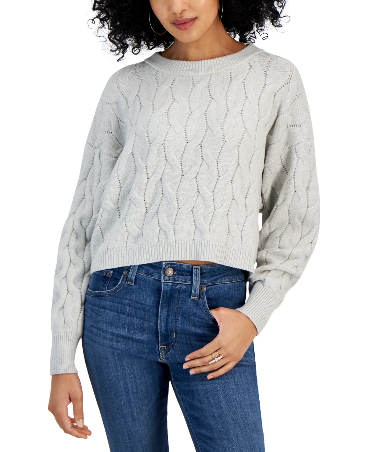Pink Rose Juniors' Cable-knit Cropped Crewneck Sweater In White Heather Grey