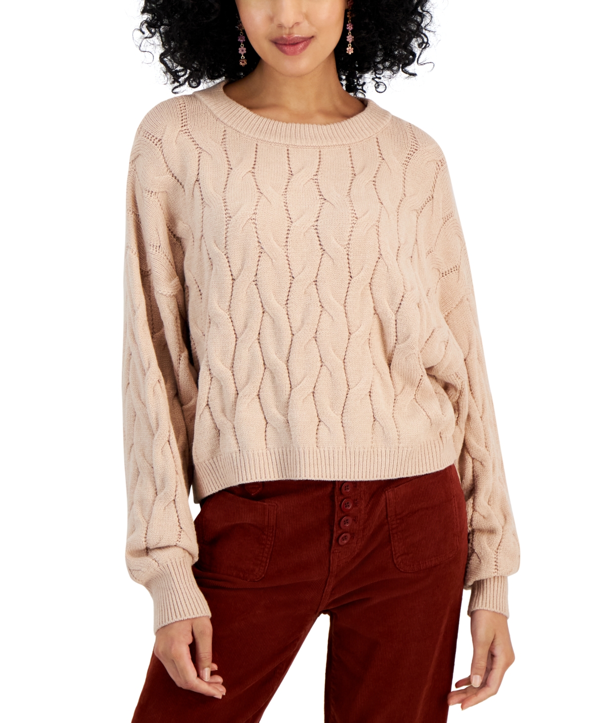 Pink Rose Juniors' Cable-knit Cropped Crewneck Sweater In Warm Sand