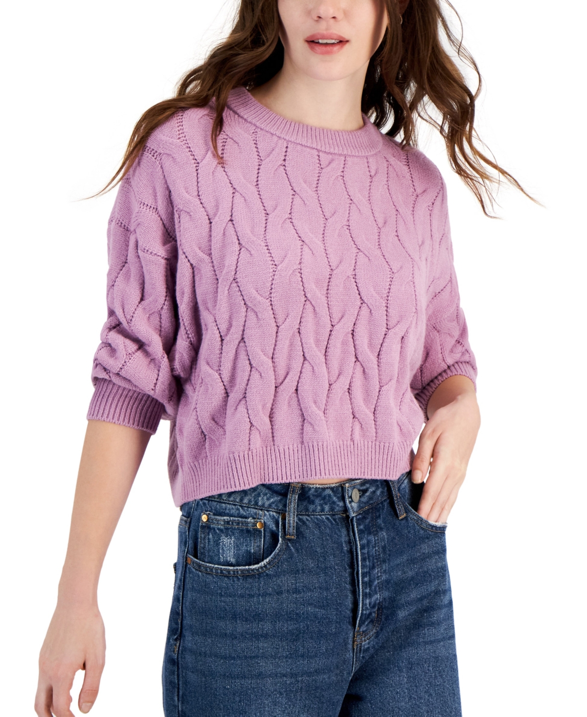 Pink Rose Juniors' Cable-knit Cropped Crewneck Sweater In Lilac Glow