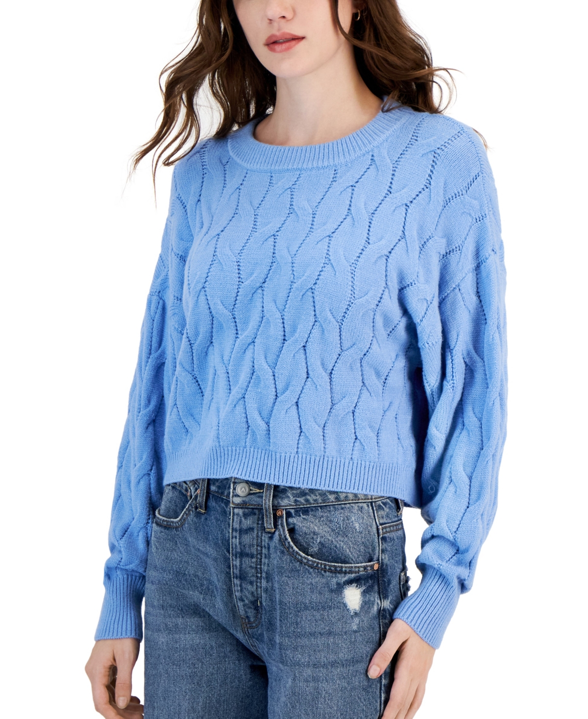 Pink Rose Juniors' Cable-knit Cropped Crewneck Sweater In Icy Peri