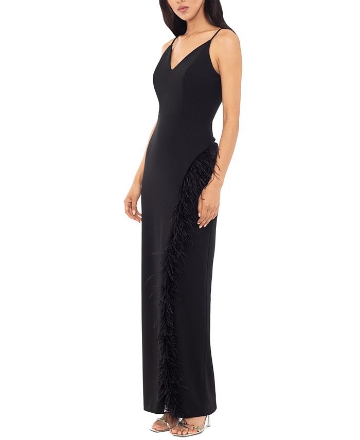 XSCAPE Women's V-Neck Feather-Trimmed High-Slit Gown - Macy's