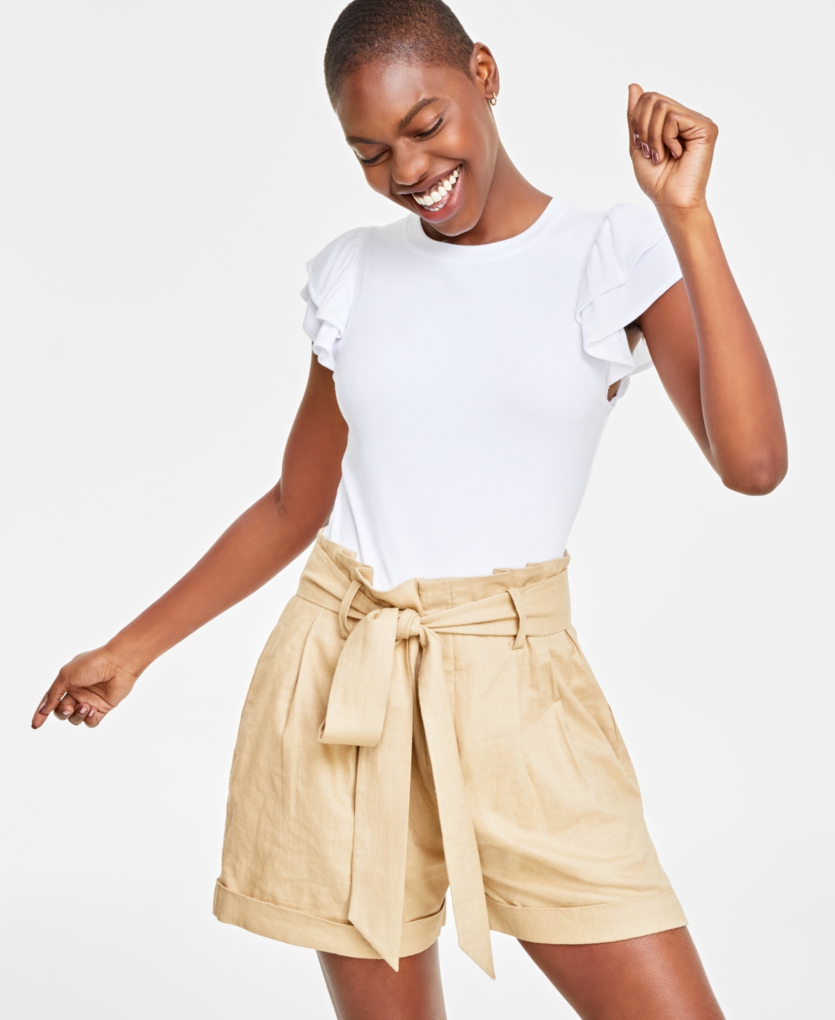 Women's Flutter-Sleeve Ribbed Top, Created for Macy's - Citrus Yellow