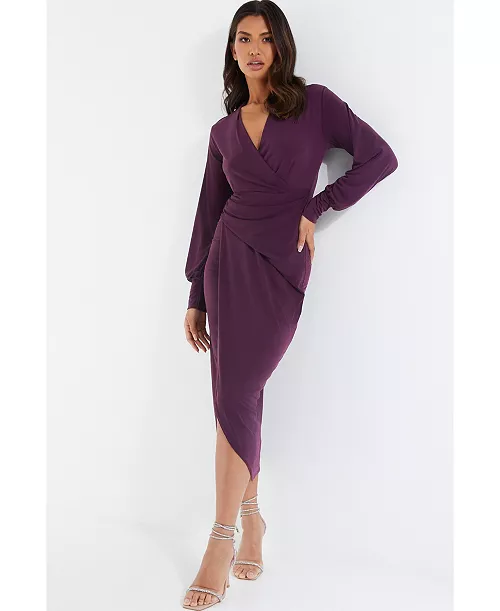 women's wrap-front ruched midi dress