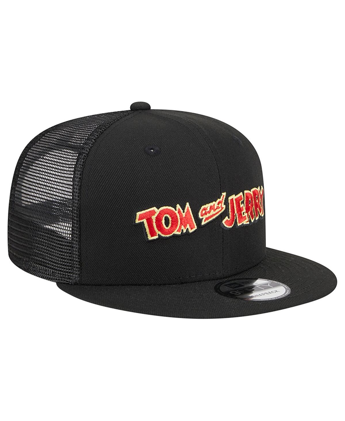NEW ERA MEN'S NEW ERA BLACK TOM AND JERRY WORDMARK TRUCKER 9FIFTY SNAPBACK HAT 