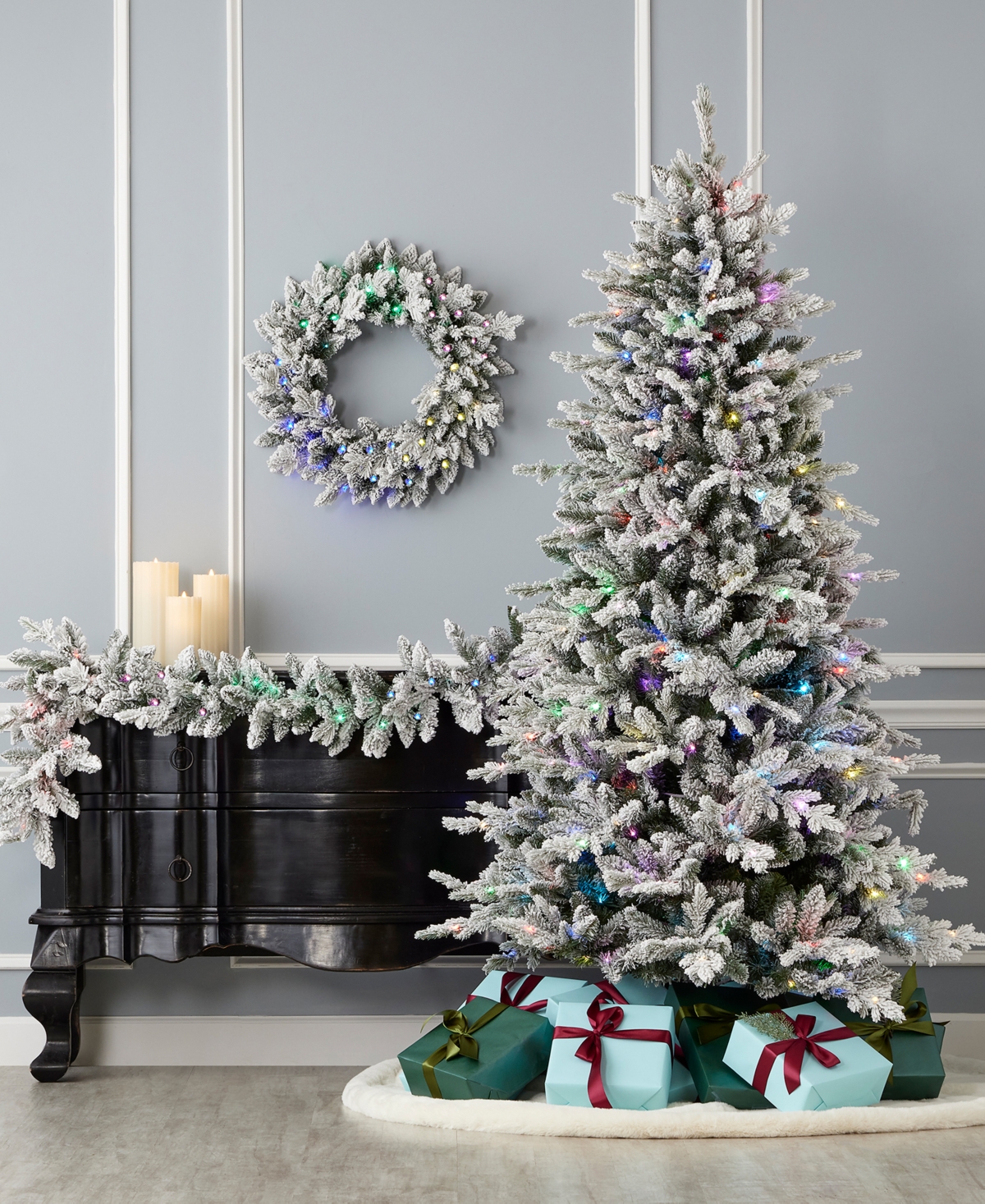 Shop Seasonal The Bluffton Flocked Pine 7' Pe, Pvc Tree, 2289 Tips, 350 Rgbw Lights, Metal Stand, Ez-connect In White