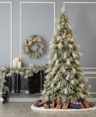 Pine and Pampas 7.5' Pre-Lit Flocked PE Mixed PVC Tree, 5580 Tips, 80 Pieces Pampas, 550 Warm LED, EZ-Connect, Remote, Storage Bag