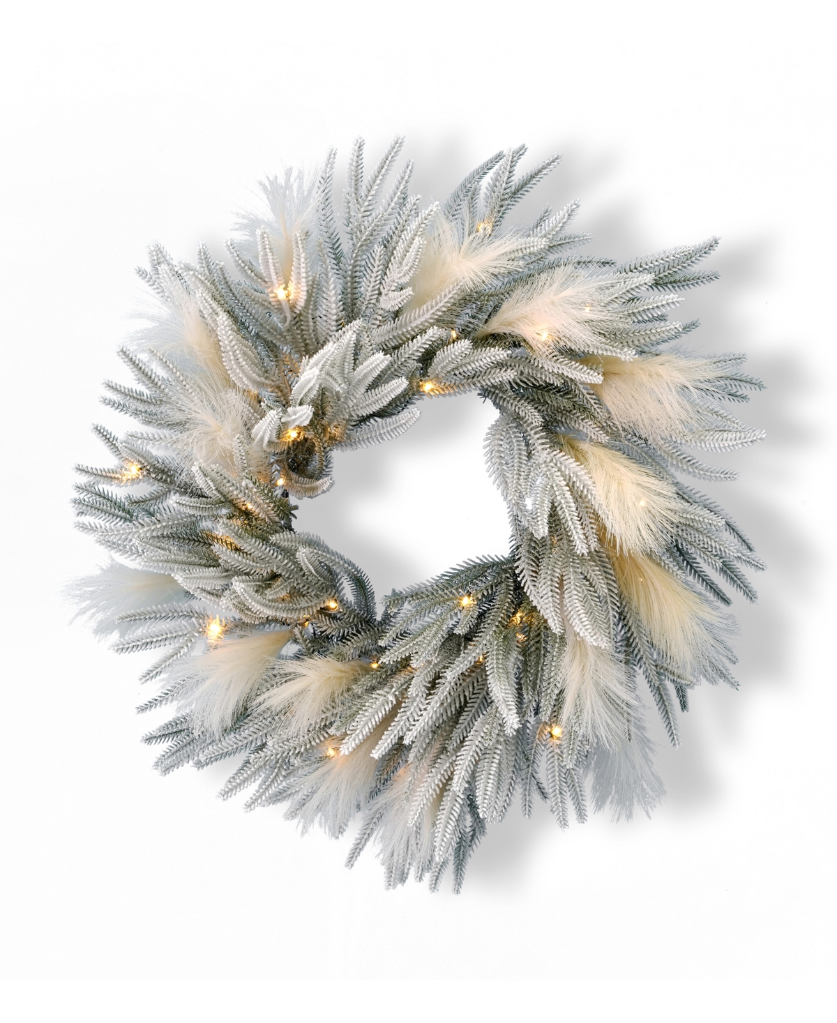 Pine and Pampas 26" Pre-Lit Flocked Pe Wreath with 400 Tips,15 Pieces Pampas, 50 Led Lights with Battery Operated - Green