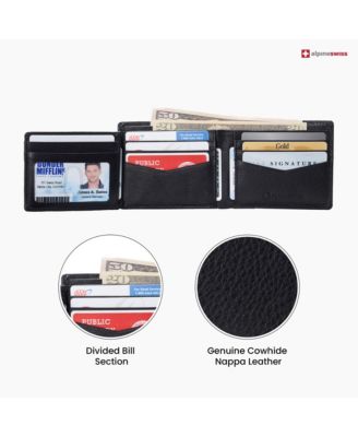 Men's Leather RFID Bifold Wallet 2 ID Windows Divided Bill Section