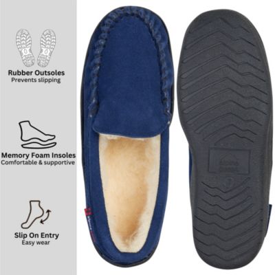 Men's Moccasin Slippers Genuine Suede House Shoe Memory Foam Insole Plush Faux Shearling Lining Comfy Indoor Outdoor Anti-Slip Rubber Sole