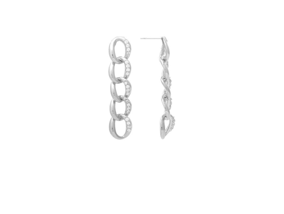 Rhodium Chain Link + Cubic Zirconia Dangle Earrings - Silver with cubic zirconia