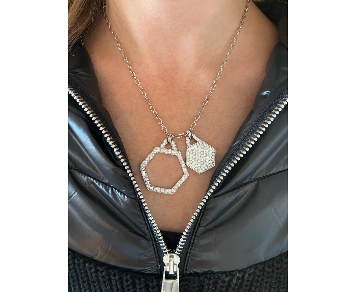 Rivka Friedman Rhodium Double Cubic Zirconia Hexagon Charm Necklace - Silver with clear cubic zirconia