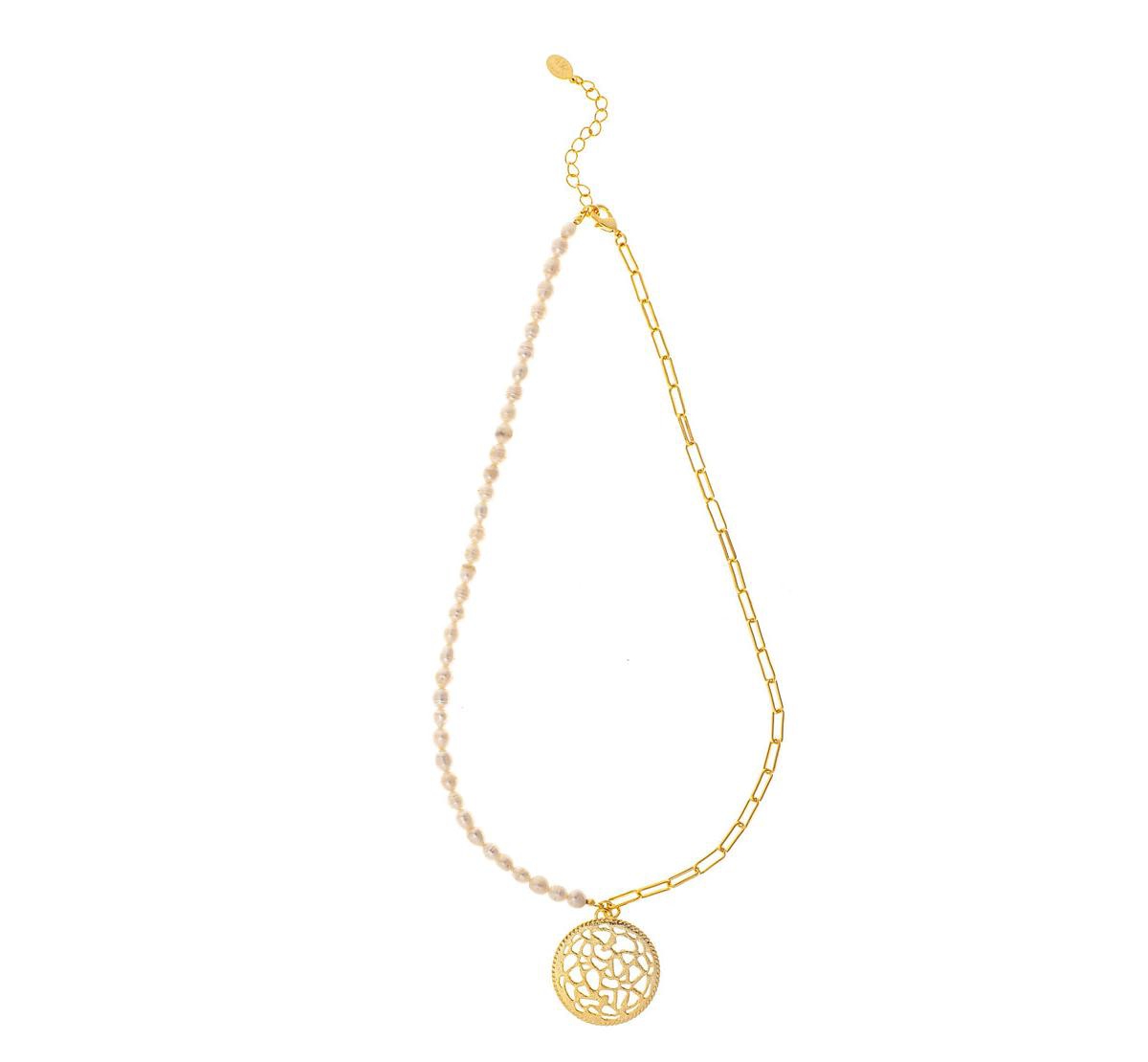 Pearl & Chain Medallion Drop Necklace - Gold with white pearl