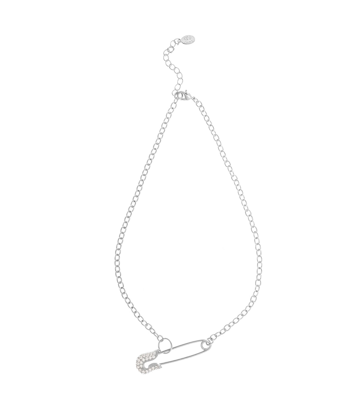 Rhodium Cubic Zirconia Encrusted Safety Pin Chain Necklace - Silver with clear cz