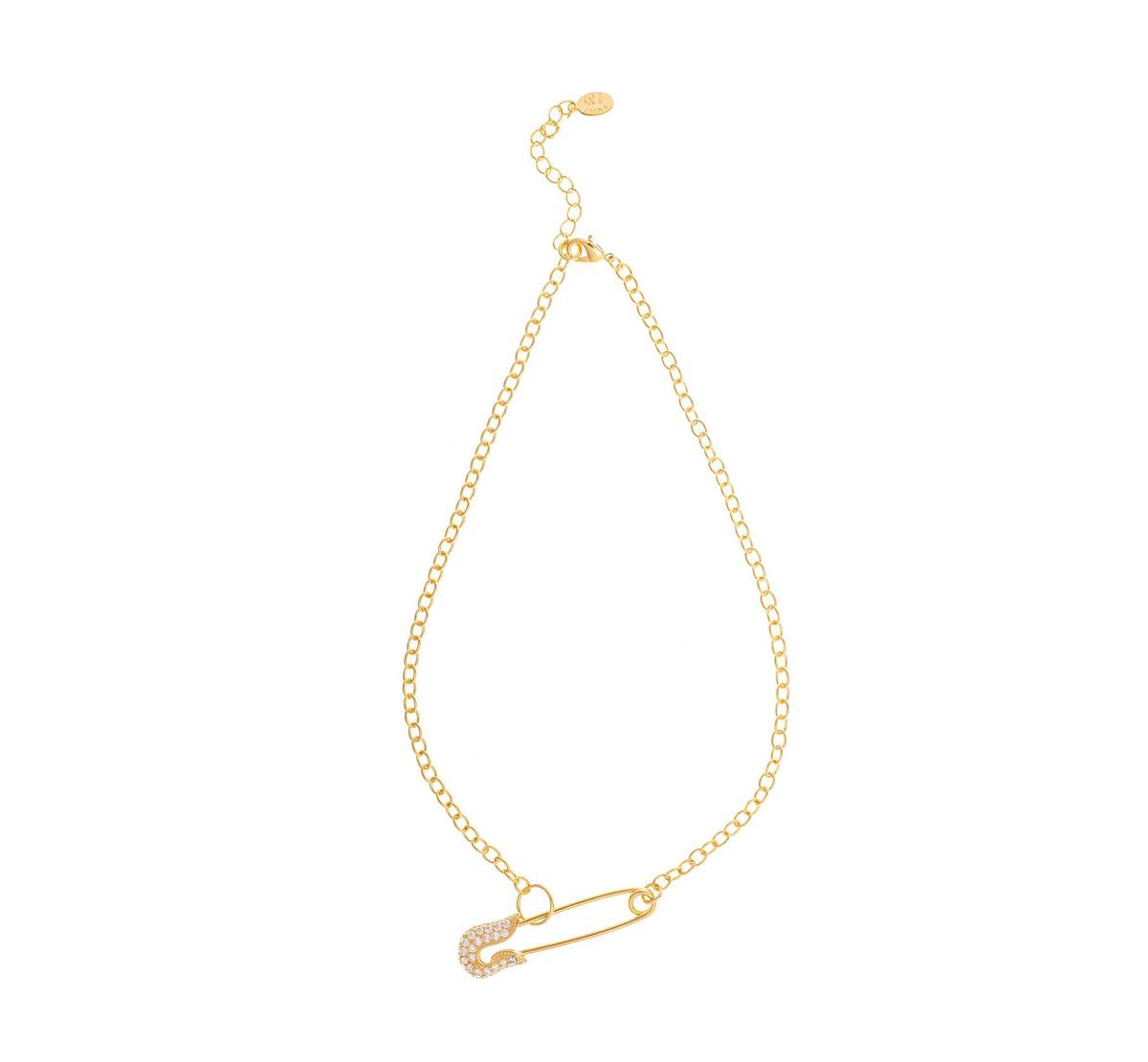 Cubic Zirconia Encrusted Safety Pin Chain Necklace - Gold with clear cubic zirconia