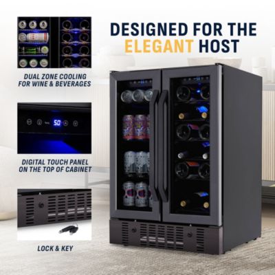 24" Wine & Beverage Refrigerator, 18-Bottle & 60-Can Capacity, Built-in Dual Zone Cooler with French Doors