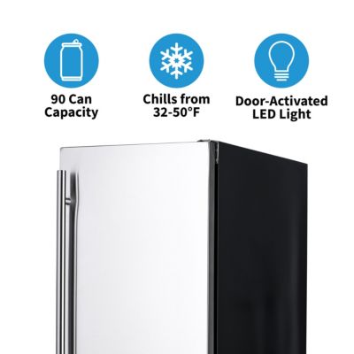 15" Built-in 90 Can Outdoor Beverage Fridge in Weatherproof Stainless Steel with Auto-Closing Door and Easy Glide Casters