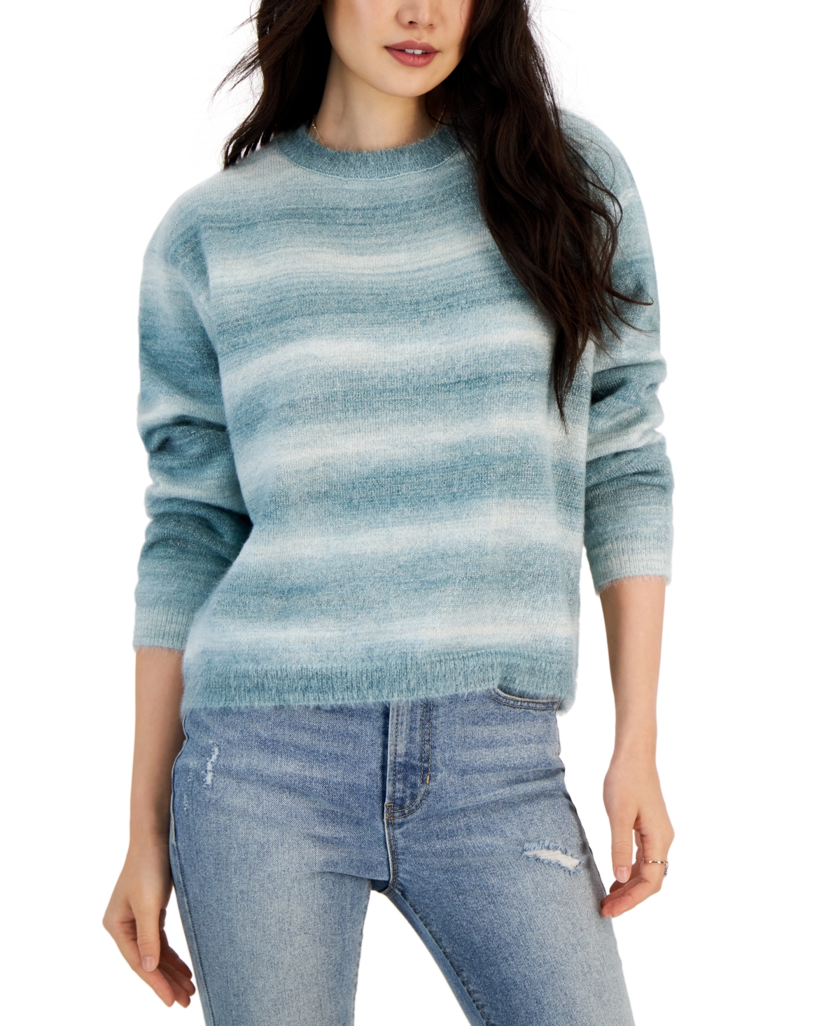 Juniors' Ombre Striped Metallic-Knit Sweater - Turquoise Gold Lurex