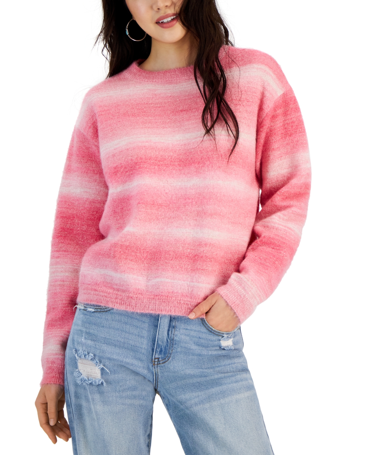 Hooked Up By Iot Juniors' Ombre Striped Metallic-knit Sweater In Carnation Pink Gold Lurex