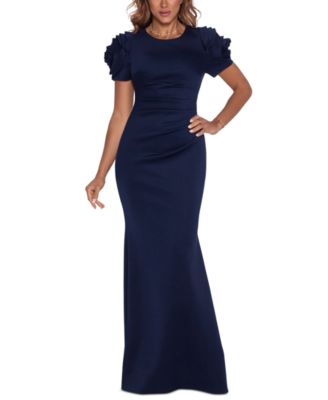 XSCAPE - Petite 3D-Flower Short-Sleeve Side-Pleated Gown