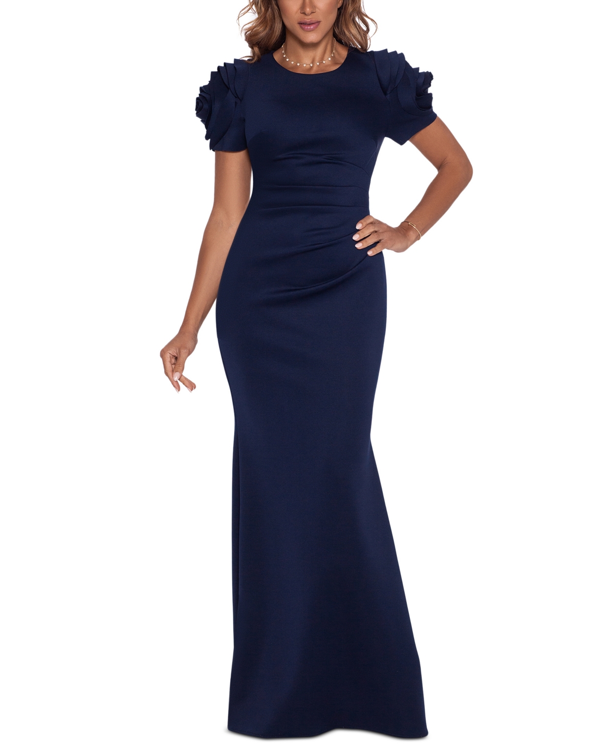 Petite 3D-Flower Short-Sleeve Side-Pleated Gown - Midnight