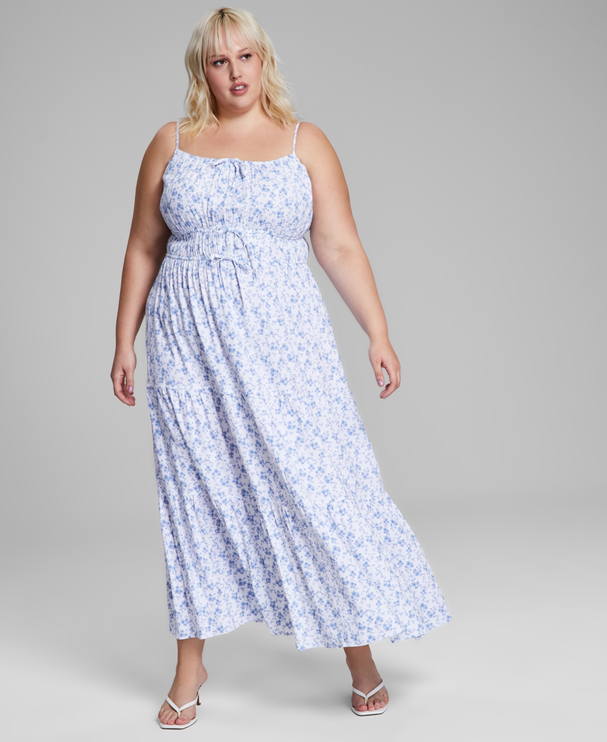 And Now This Trendy Plus Size Floral-print Smocked Maxi Dress In Cool Dusk Print