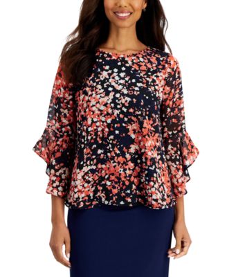 Kasper - Petite Printed Ruffled-Cuff 3/4-Sleeve Top