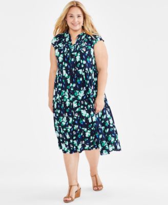 Style & Co - Plus Size Printed Shimmering Ruffled Tie-Neck Smocked Tiered Dress
