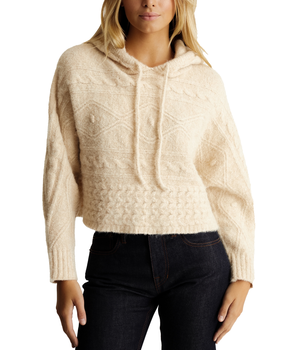 Frye Women's Mixed-cable-knit Hooded Dolman-sleeve Sweater In Salt Breeze Heather
