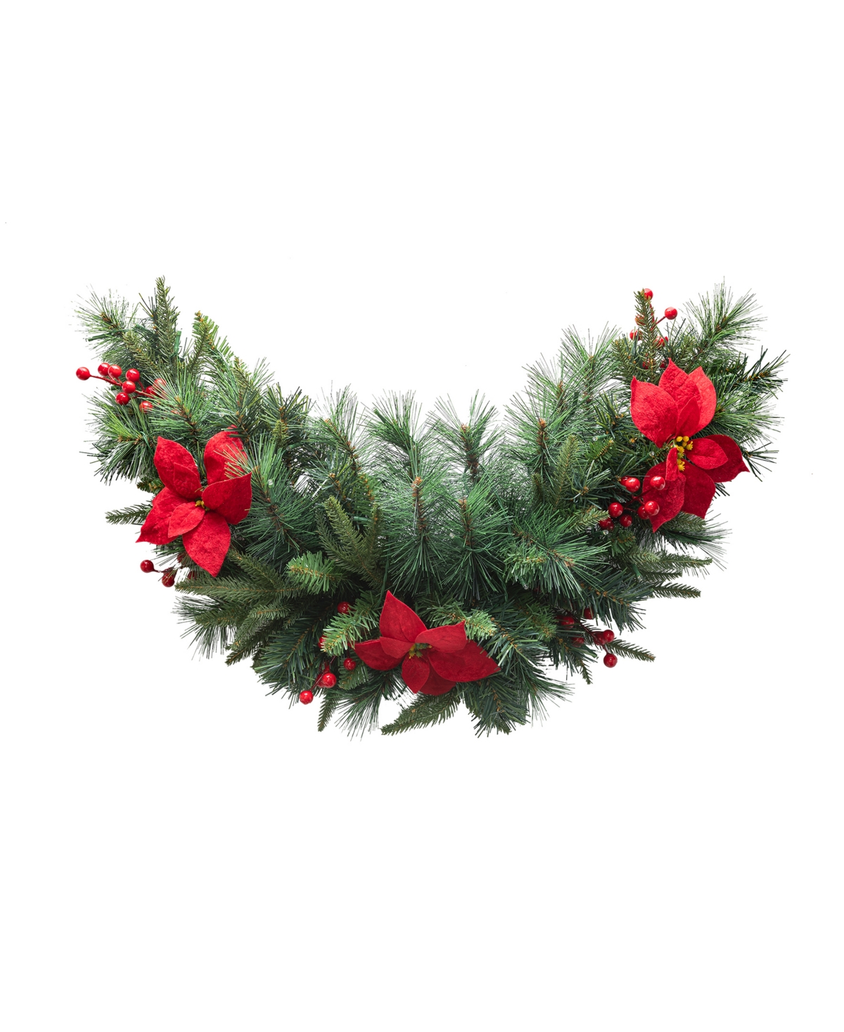 Glitzhome Pre-Lit Greenery Pine Poinsettia and Red Berries Christmas Swag with 50 Warm White Lights and Timer