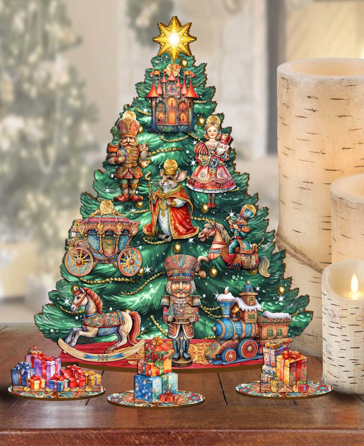 Designocracy Nutcracker Themed Wooden Christmas Tree With Ornaments Set Of 13 G. Debrekht In Multi Color