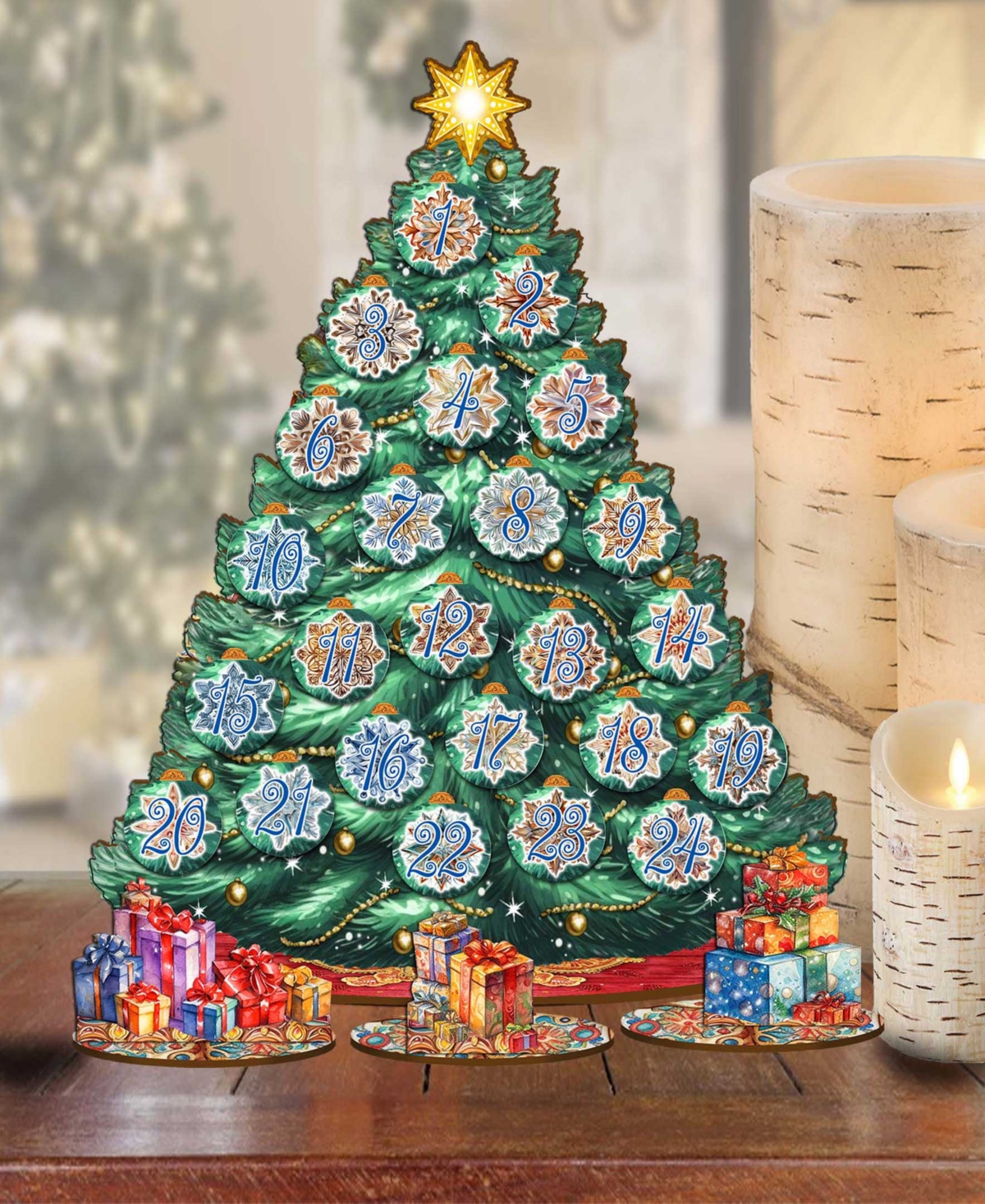 Designocracy Advent Calendar Themed Wooden Christmas Tree With Ornaments Set Of 28 G. Debrekht In Multi Color