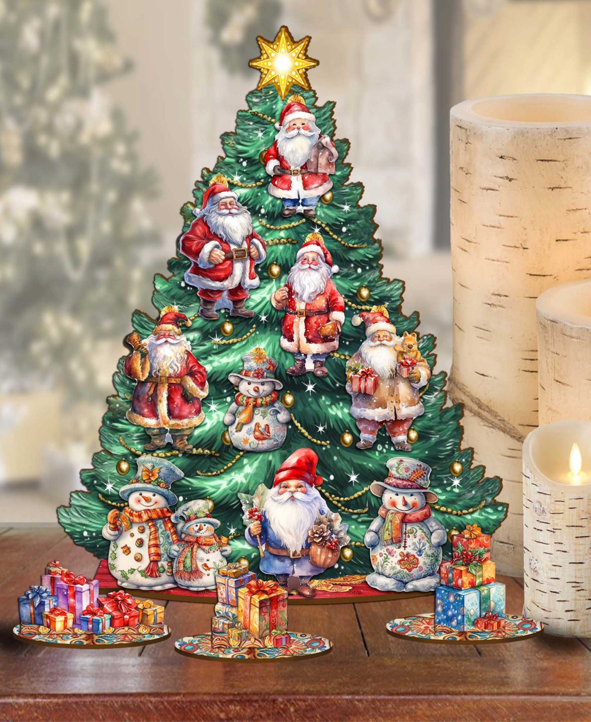 Designocracy Santa Clause Themed Wooden Christmas Tree With Ornaments Set Of 13 G. Debrekht In Multi Color