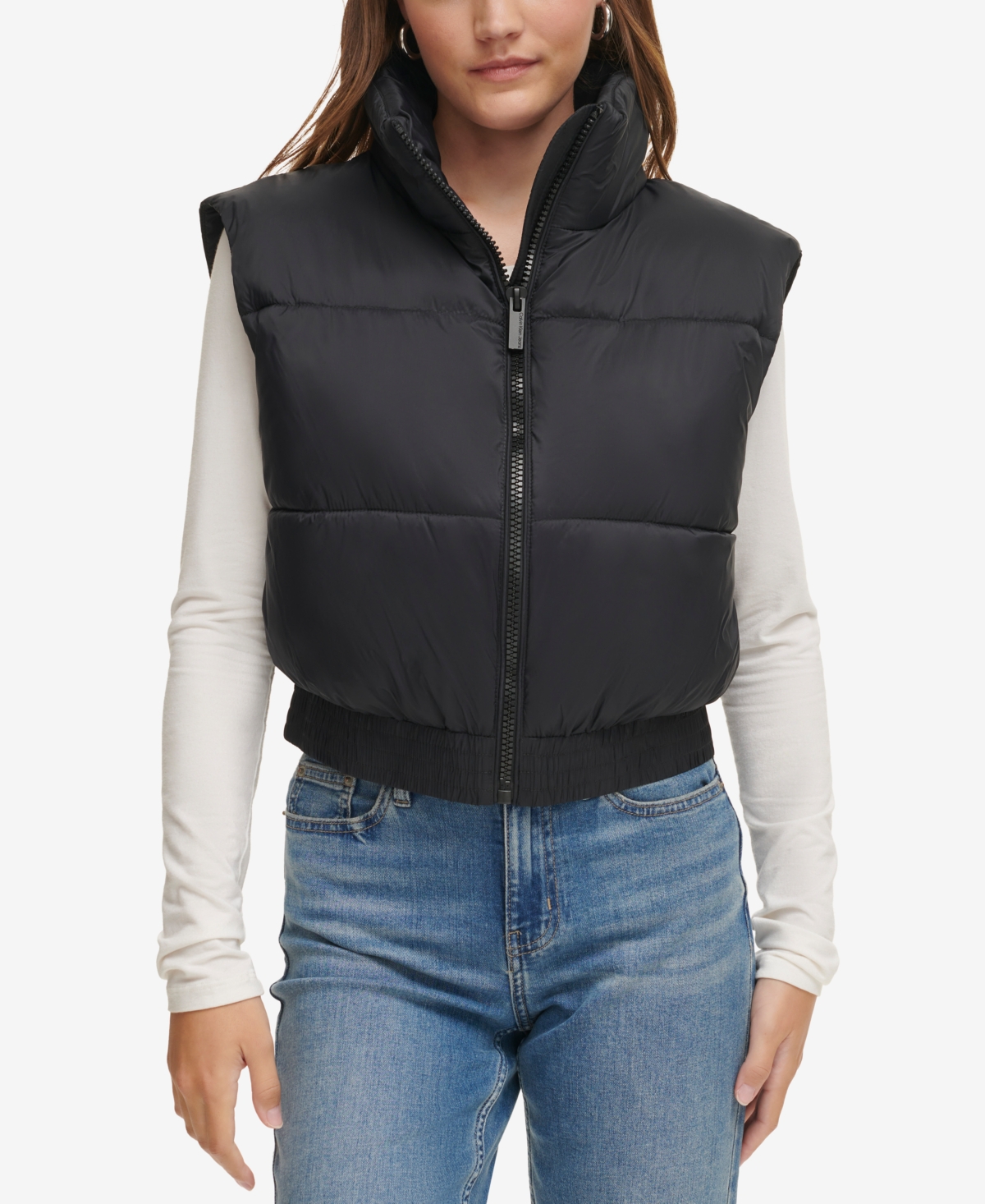 Calvin Klein Jeans Est.1978 Women's Extended-shoulder Cropped Puffer Vest In Black