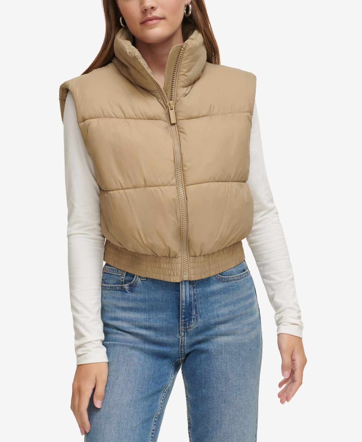 Calvin Klein Jeans Est.1978 Women's Extended-shoulder Cropped Puffer Vest In Khaki Green