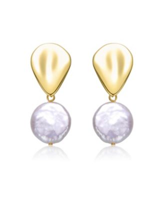 Sterling Silver 14k Yellow Gold Plated with White Coin Freshwater Pearl Raindrop Double Dangle Drop Earrings
